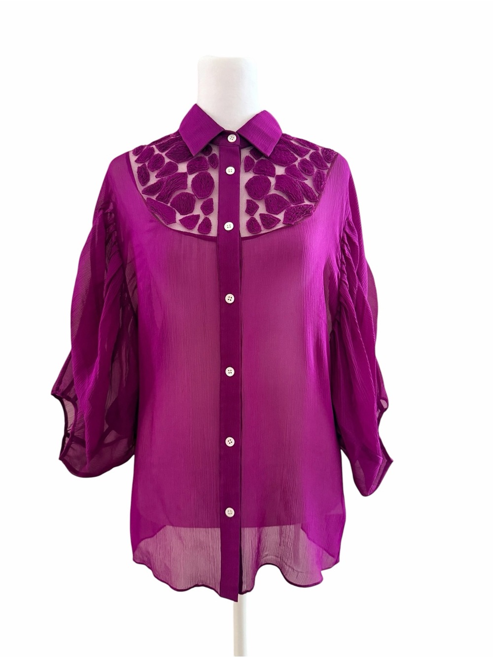 Adam Lippes Silk Fuchsia Sheer Button-Up Blouse with Balloon Sleeves Size 6
